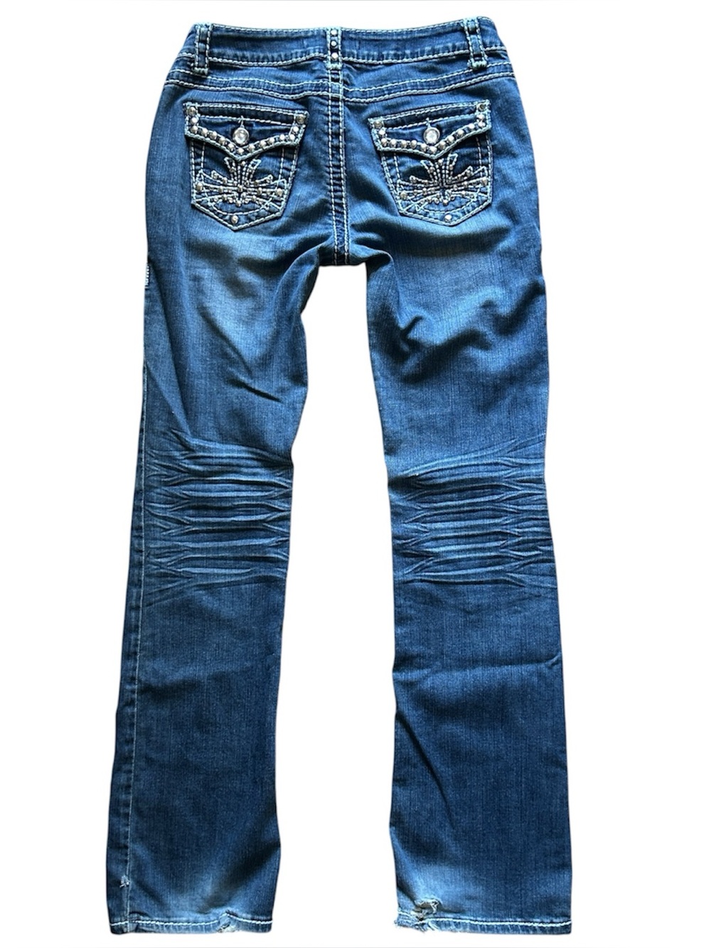 Y2K Grunge “Seductions” Medium Wash Low Rise Rhinestone Bootcut Jeans